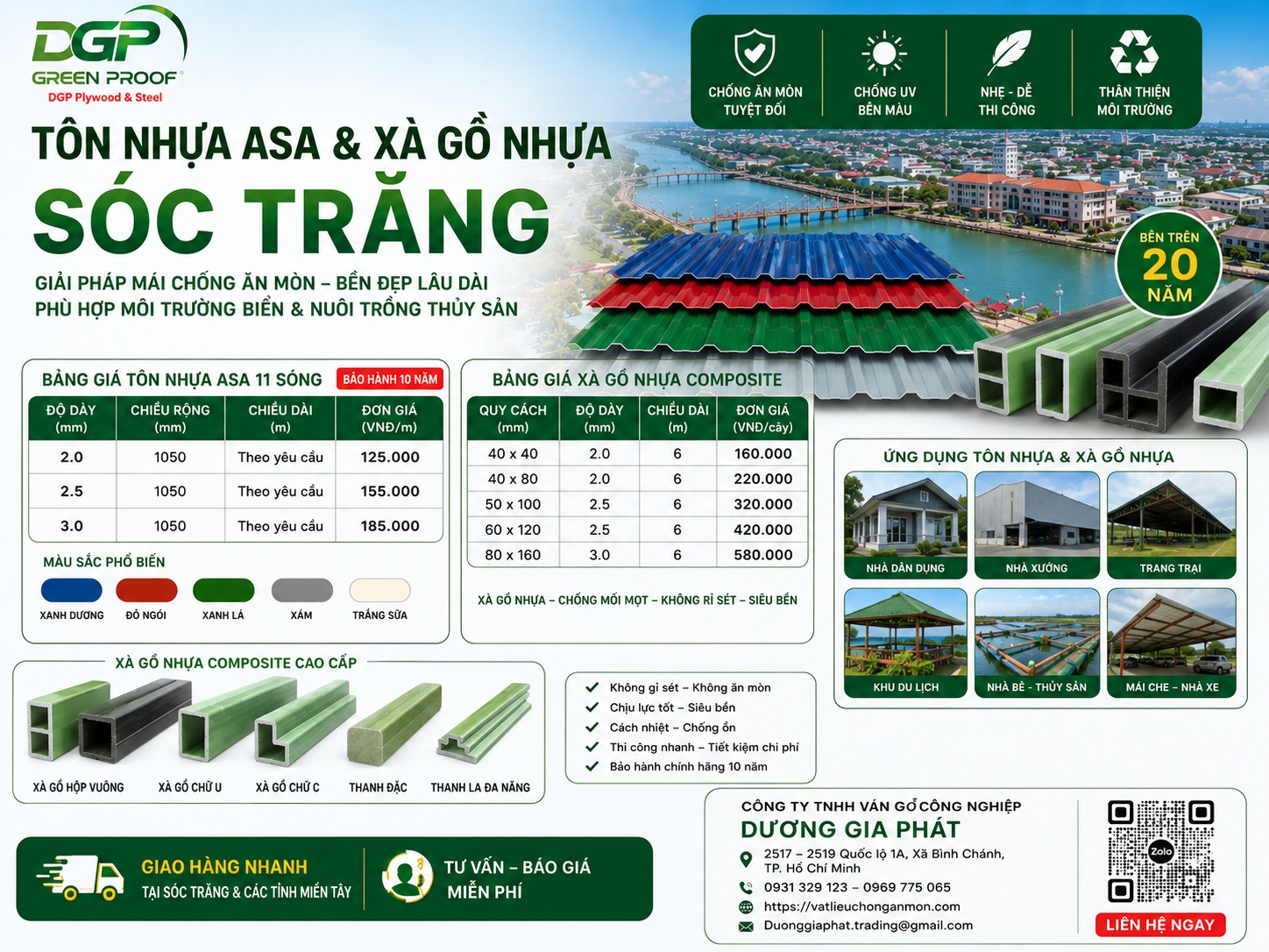BẢNG GIÁ TÔN NHỰA ASA & XÀ GỒ NHỰA TẠI SÓC TRĂNG