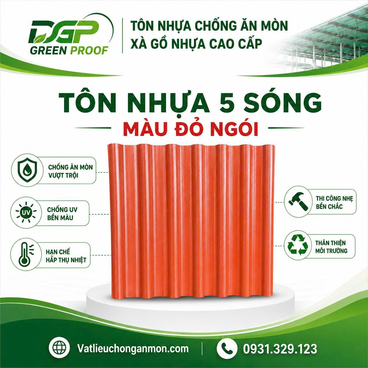 Tôn Nhựa 5 Sóng Màu Đỏ Ngói