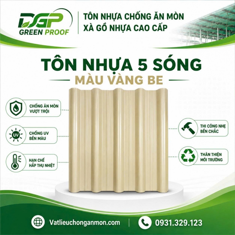 Tôn Nhựa 5 Sóng Màu Vàng Be