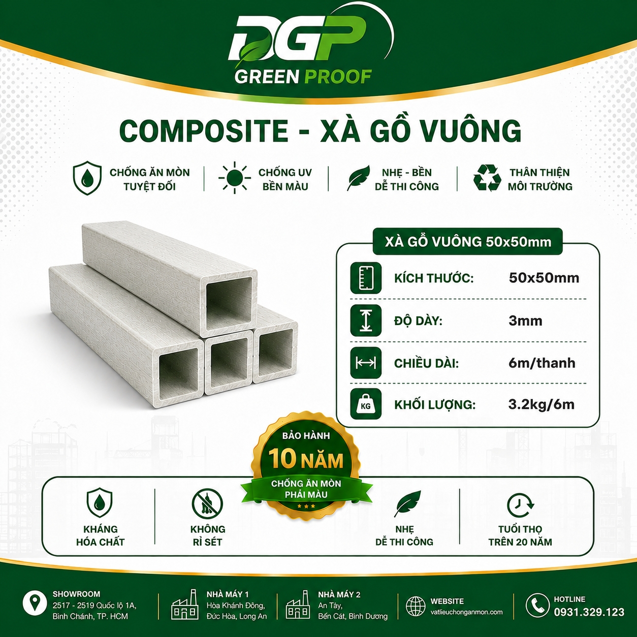 Xà Gồ Composite Vuông 50
